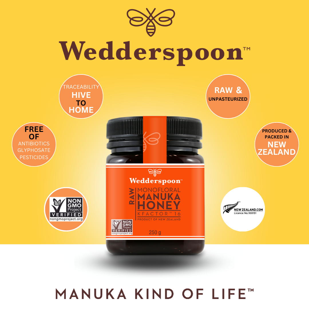 Wedderspoon raw Manuka honey KFactor 16+ 250g jar with orange label showing raw unpasteurised New Zealand