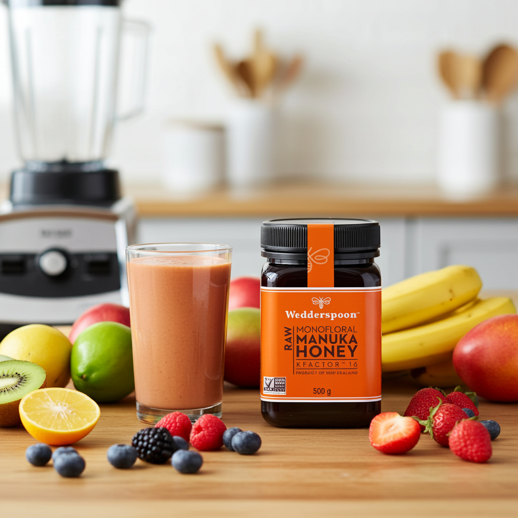 Wedderspoon raw Manuka honey KFactor 16 with fruits and a smoothie on a kitchen countertop