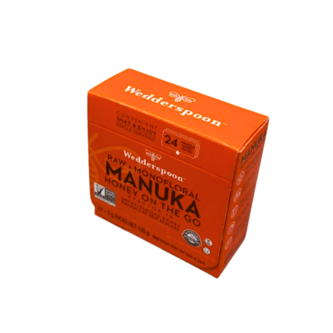 Wedderspoon raw Manuka honey travel sachets box with 24 single-serve packs for on the go
