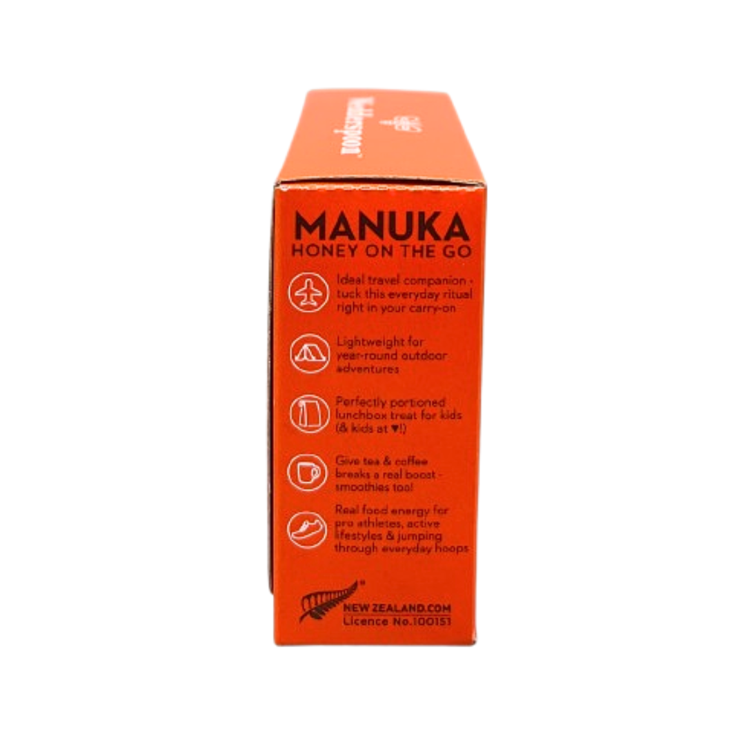 Wedderspoon raw Manuka honey travel sachets box with orange packaging for on the go use
