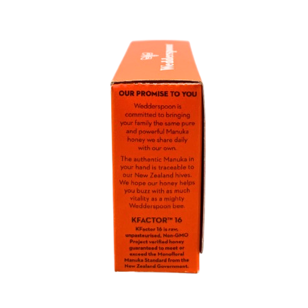 Wedderspoon raw Manuka honey travel sachets box with product promise and KFactor 16 authenticity details