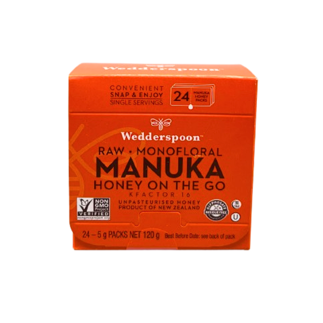 Wedderspoon raw Manuka honey travel sachets 24 pack convenient single servings from New Zealand