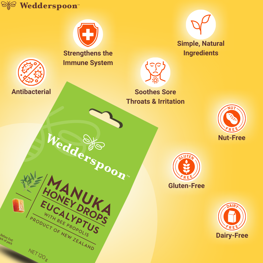 Wedderspoon Manuka honey drops eucalyptus green packet showing eucalyptus lozenges and health benefits