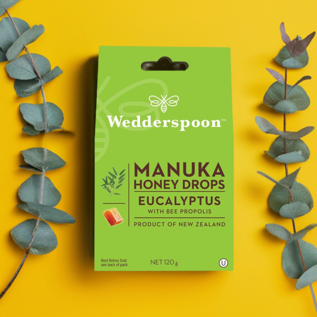 Wedderspoon Manuka honey drops eucalyptus green box of eucalyptus throat lozenges on yellow background
