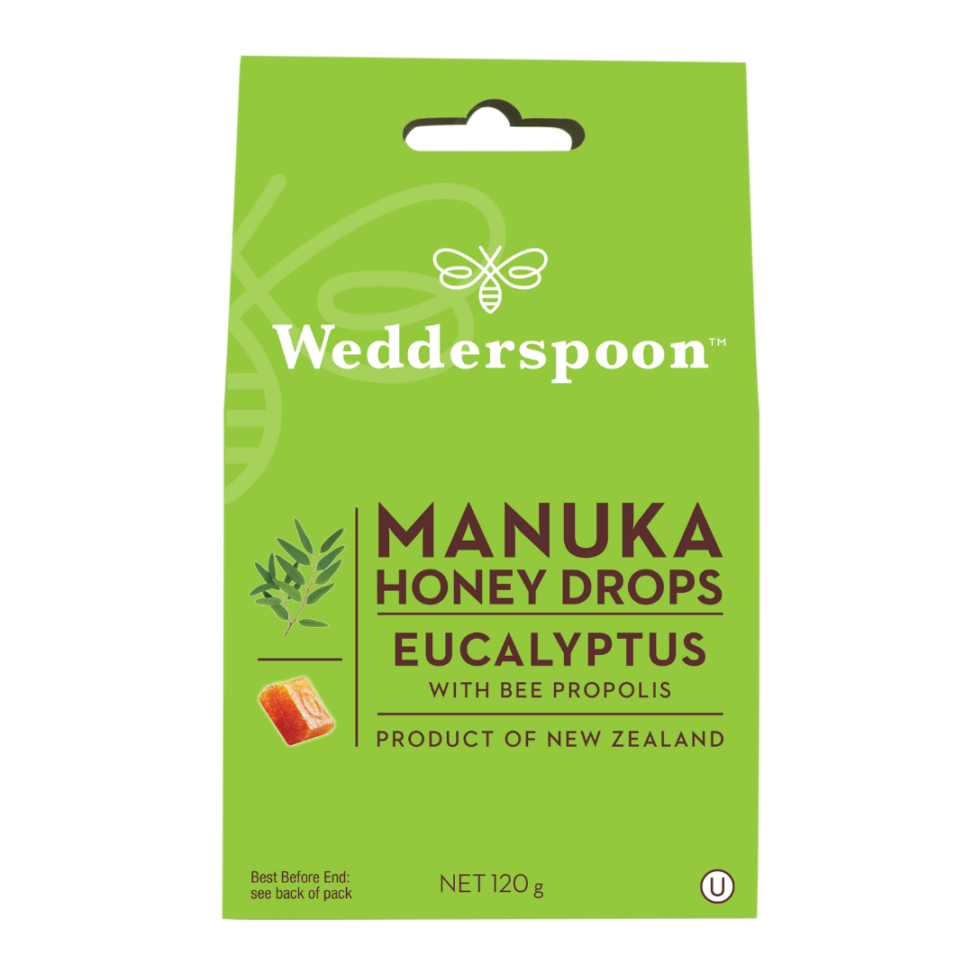 Wedderspoon Manuka honey drops eucalyptus throat lozenges green packet with bee propolis 120g from New Zealand
