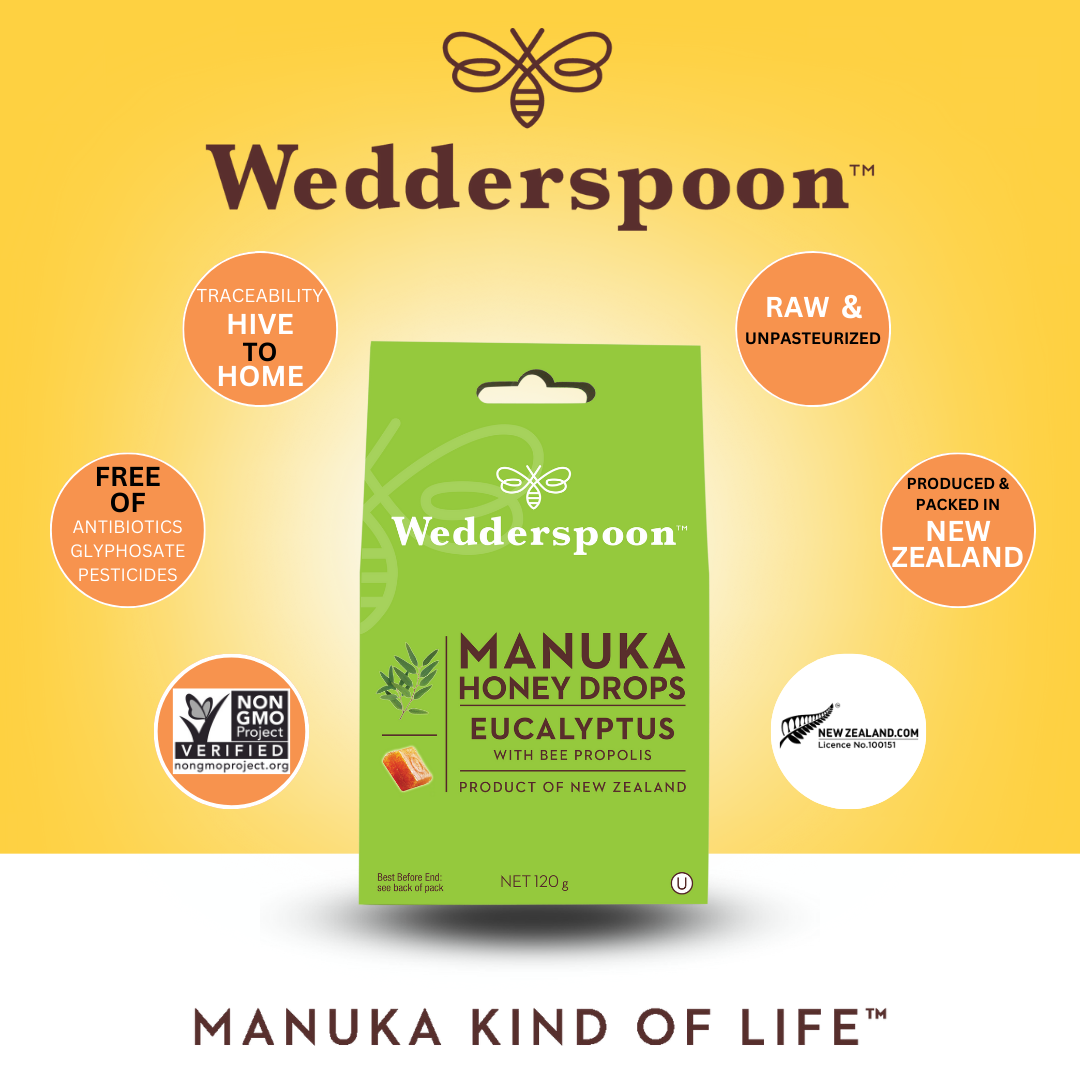 Wedderspoon Manuka honey drops eucalyptus throat lozenges green box showing raw unpasteurized and New Zealand badges