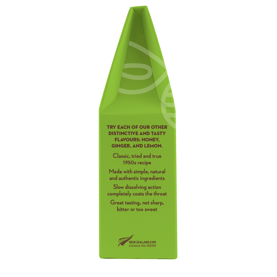 Wedderspoon Manuka honey drops eucalyptus green throat lozenges box side view with product description text