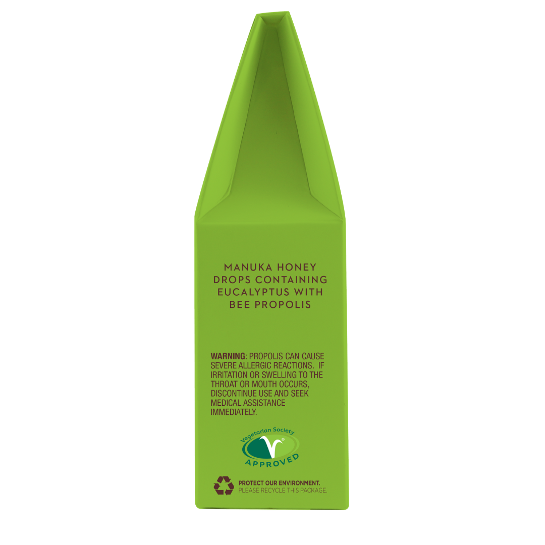 Wedderspoon Manuka honey drops eucalyptus throat lozenges in green carton packaging with label and bee propolis info