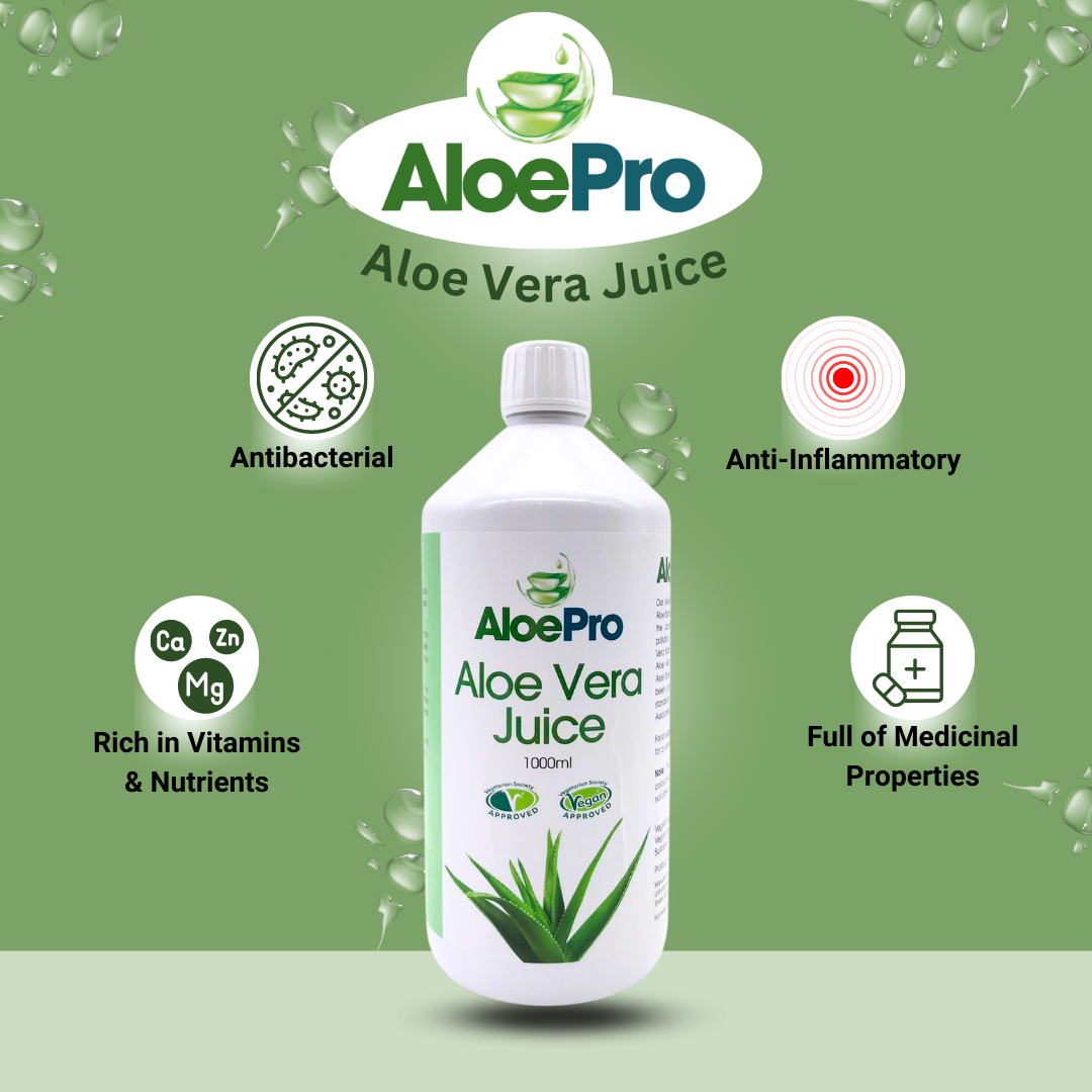 AloePro Aloe Vera Juice 1000ml bottle by Natural Health World UK on green background with health benefit icons