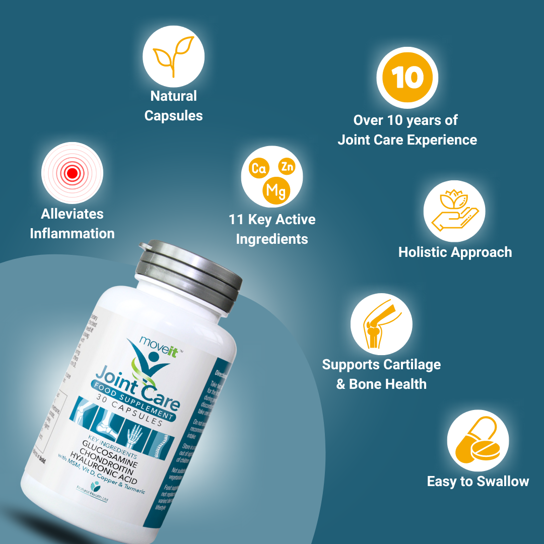 Moveit Joint Care Complex 11 Glucosamine Chondroitin bottle by Natural Health World UK with key benefits highlighted