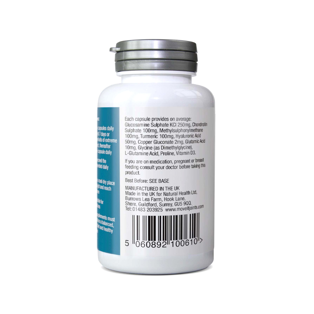 Natural Health World UK Moveit Joint Care Complex 11 Glucosamine Chondroitin supplement bottle showing ingredients and barcode