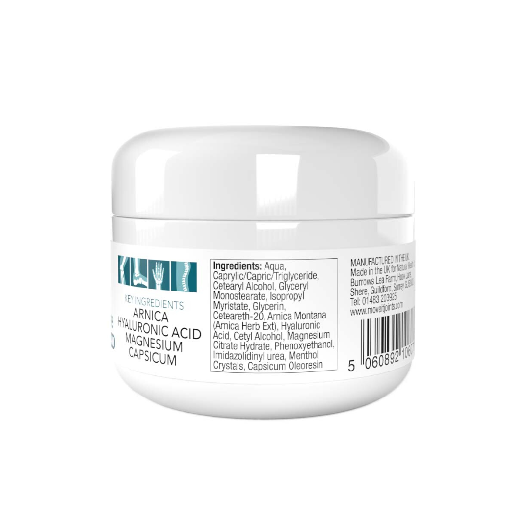 Natural Health World UK Moveit joint support capsules and cream white container with ingredient label