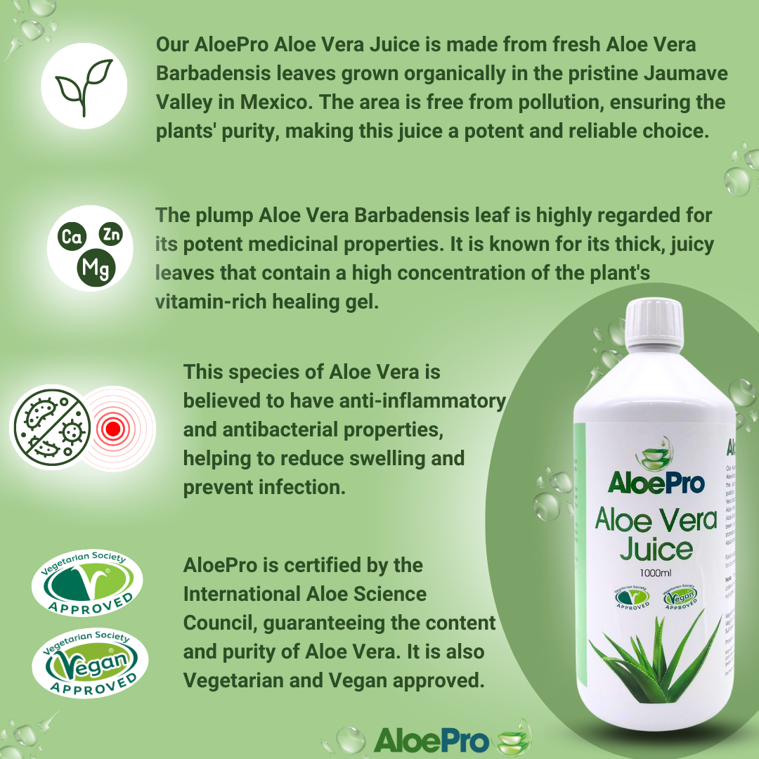 AloePro Aloe Vera Juice 1000ml bottle with information on organic Aloe Vera benefits and vegan approval