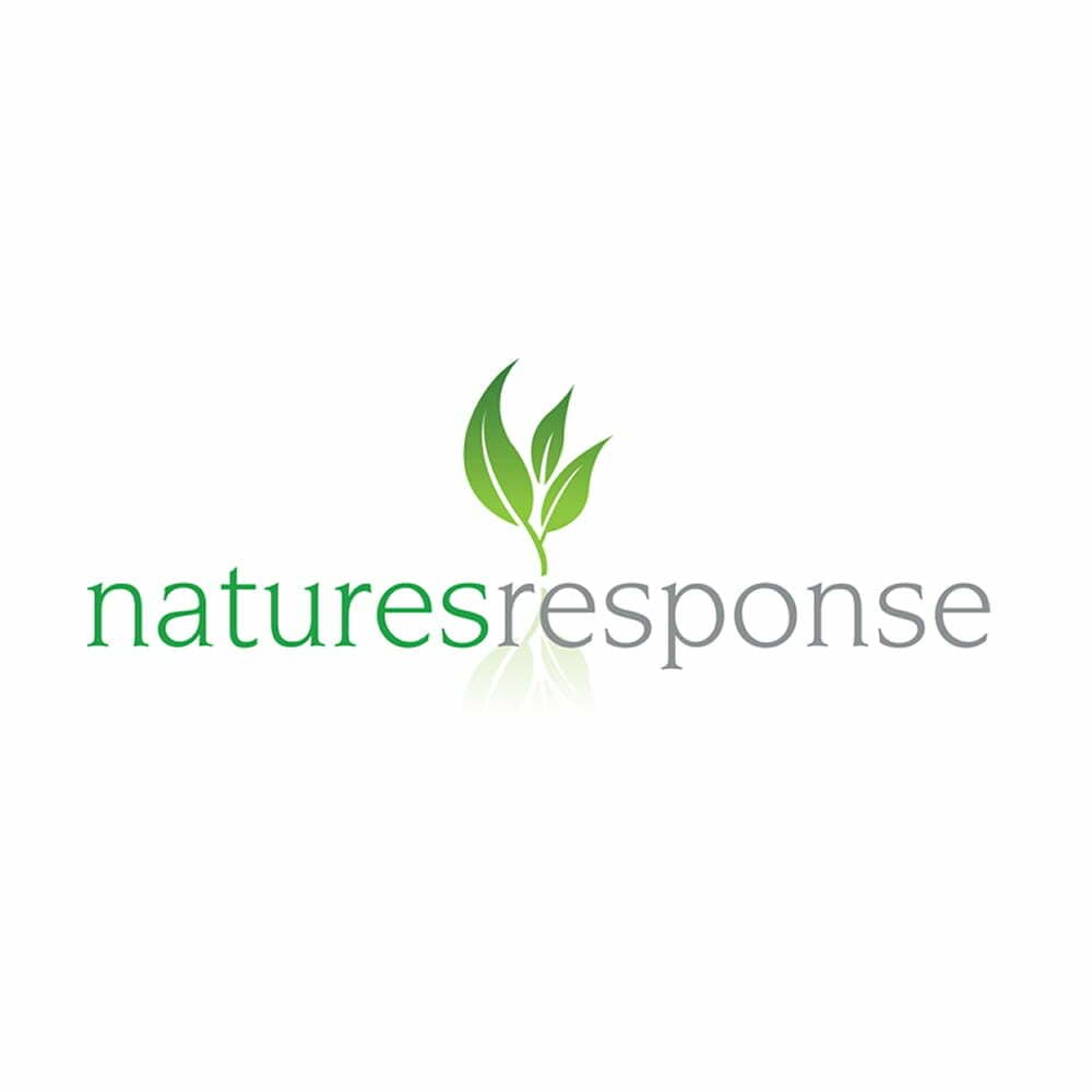 Natures Response logo for organic lemon tea tree hand wash label showing green leaf emblem on white background