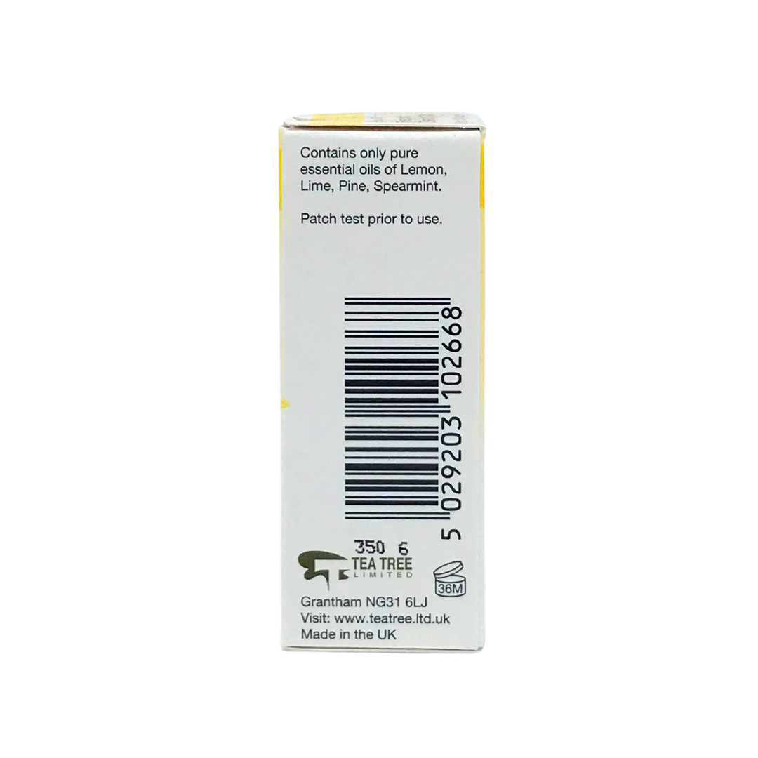 Back of Chiltern Brands Ltd Natures Response box showing ingredients list and barcode for tea tree energising essential oil 10ml