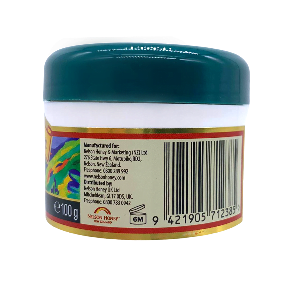 Nelson Honey manuka honey and bee venom cream jar 100g green lid back label and barcode for joint care