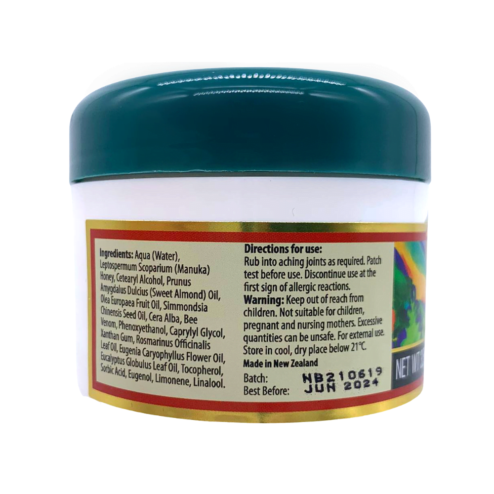Nelson Honey manuka honey and bee venom cream joint care jar with green lid and ingredient label