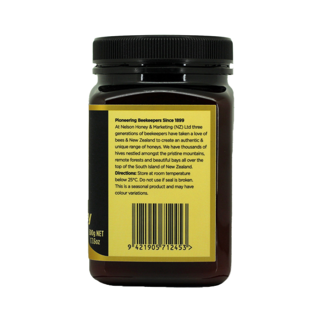 Nelson Honey jar back label and barcode Manuka honey MGO 550 plus dark glass jar with black lid