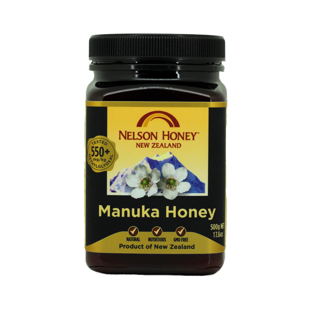 Nelson Honey jar of Manuka honey MGO 550 plus 500g with black lid and yellow label showing flowers