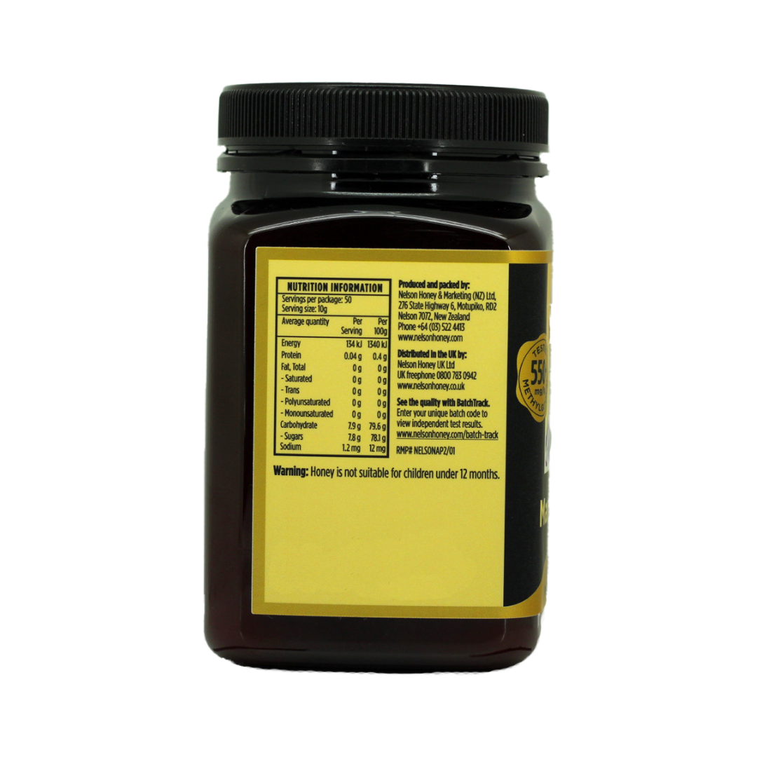 Nelson Honey jar of Manuka honey MGO 550 plus showing dark jar and yellow nutrition label on back