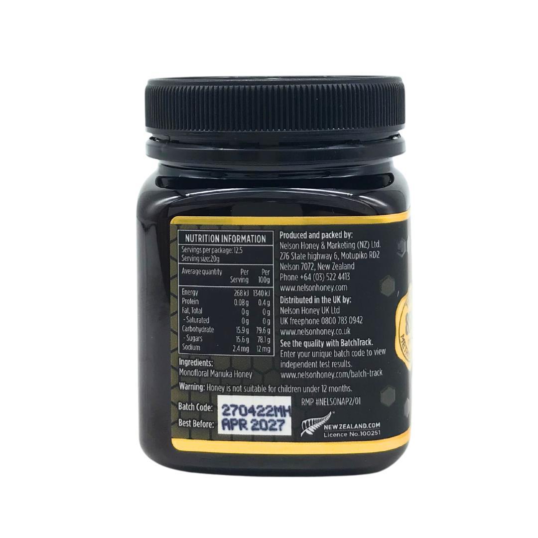 Nelson Honey black jar showing back label and nutrition information for Manuka honey MGO 850+