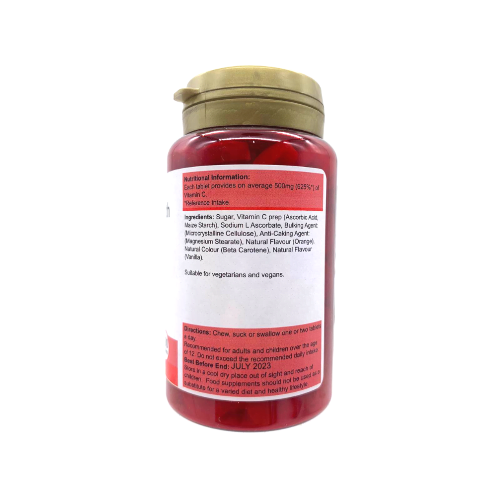 Power Health red plastic bottle with gold lid showing back label for chewable vitamin C 500mg tablets pack