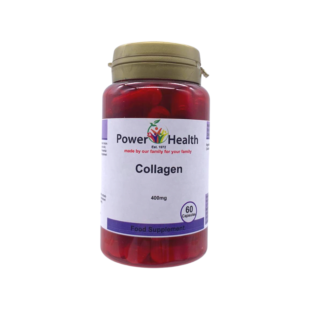 Power Health Collagen 400mg 60 capsules bottle in red with gold cap dietary collagen supplements UK for skin support