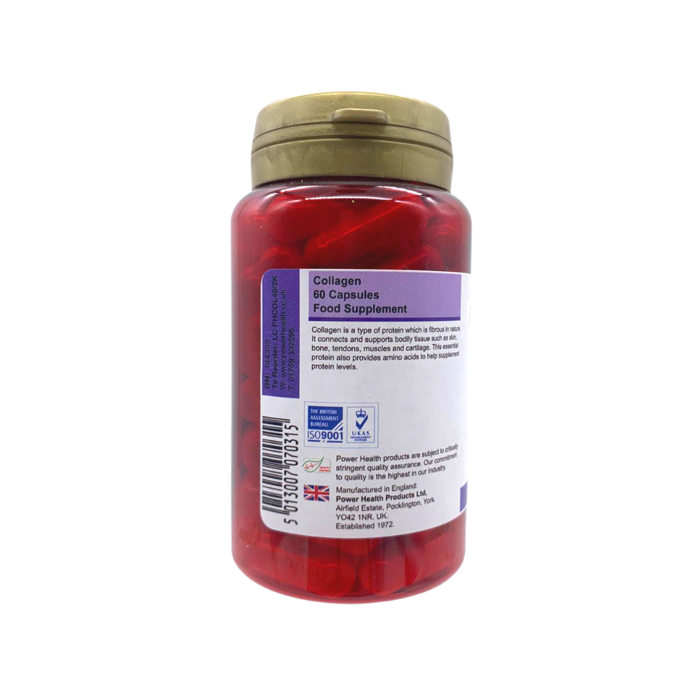 Power Health collagen 60 capsules bottle with red capsules and gold cap collagen supplements UK