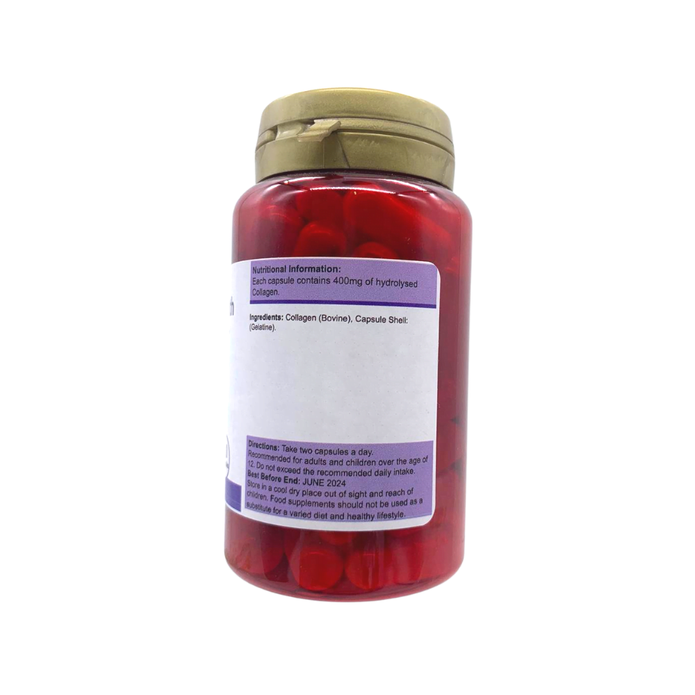 Power Health collagen supplements UK red capsule bottle with gold lid and white label showing capsules