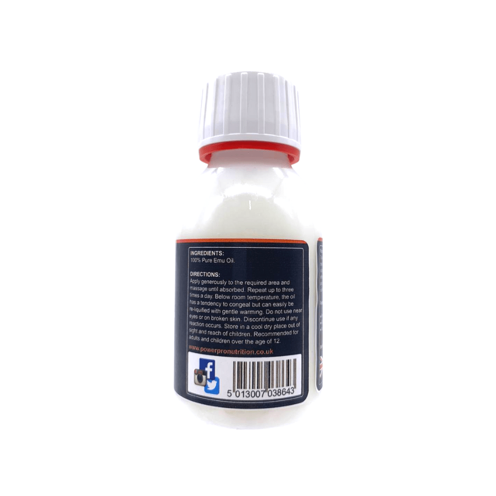 Power Health emu oil sports rub bottle back label white plastic bottle with red cap and barcode