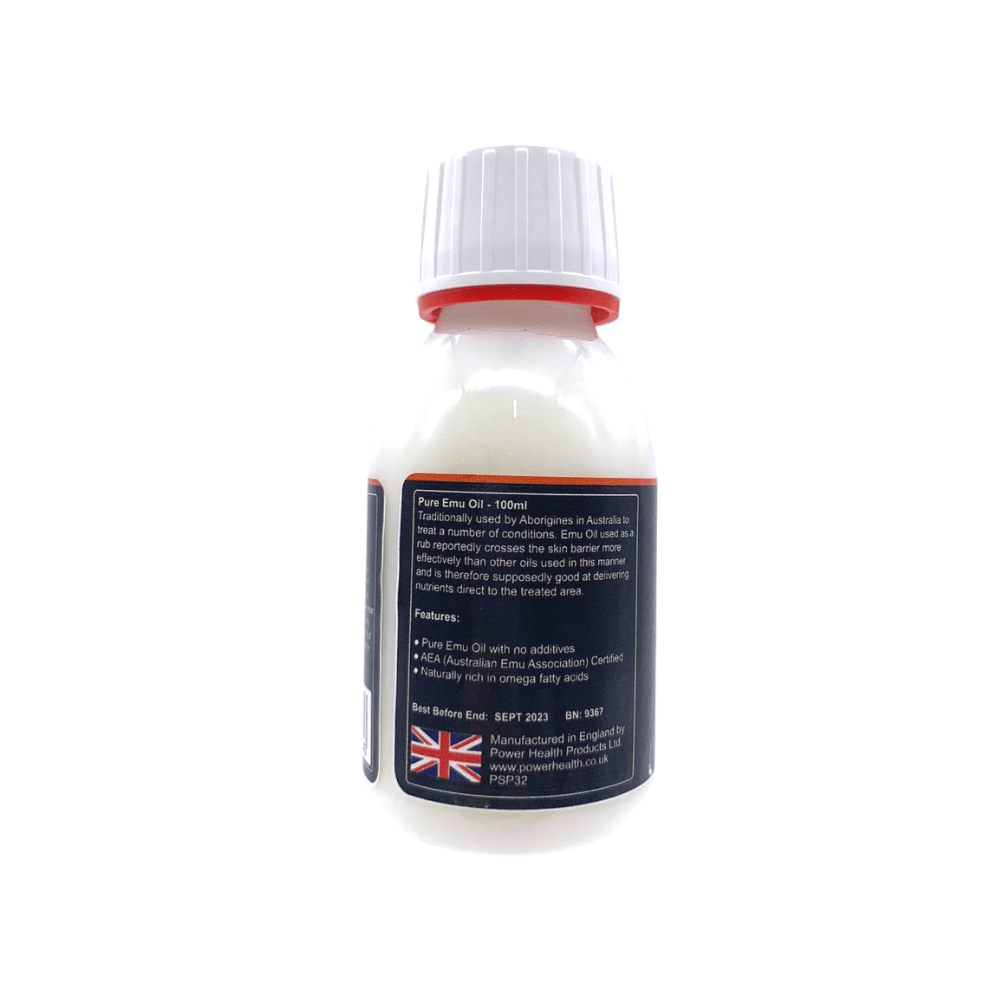 Power Health emu oil sports rub 100ml white bottle with red rimmed cap and back label showing UK flag