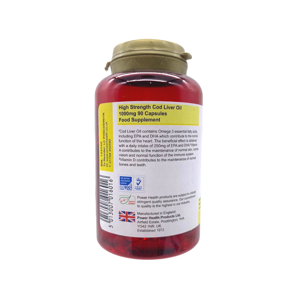 Power Health bottle of high strength cod liver oil capsules 1000mg 90 count red bottle with gold cap