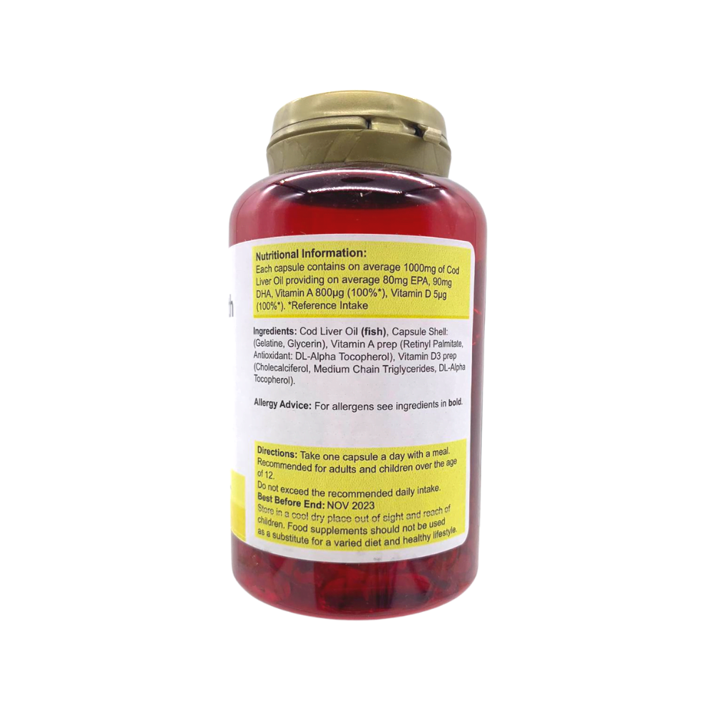 Power Health high strength cod liver oil capsules in a red translucent bottle with gold cap and label