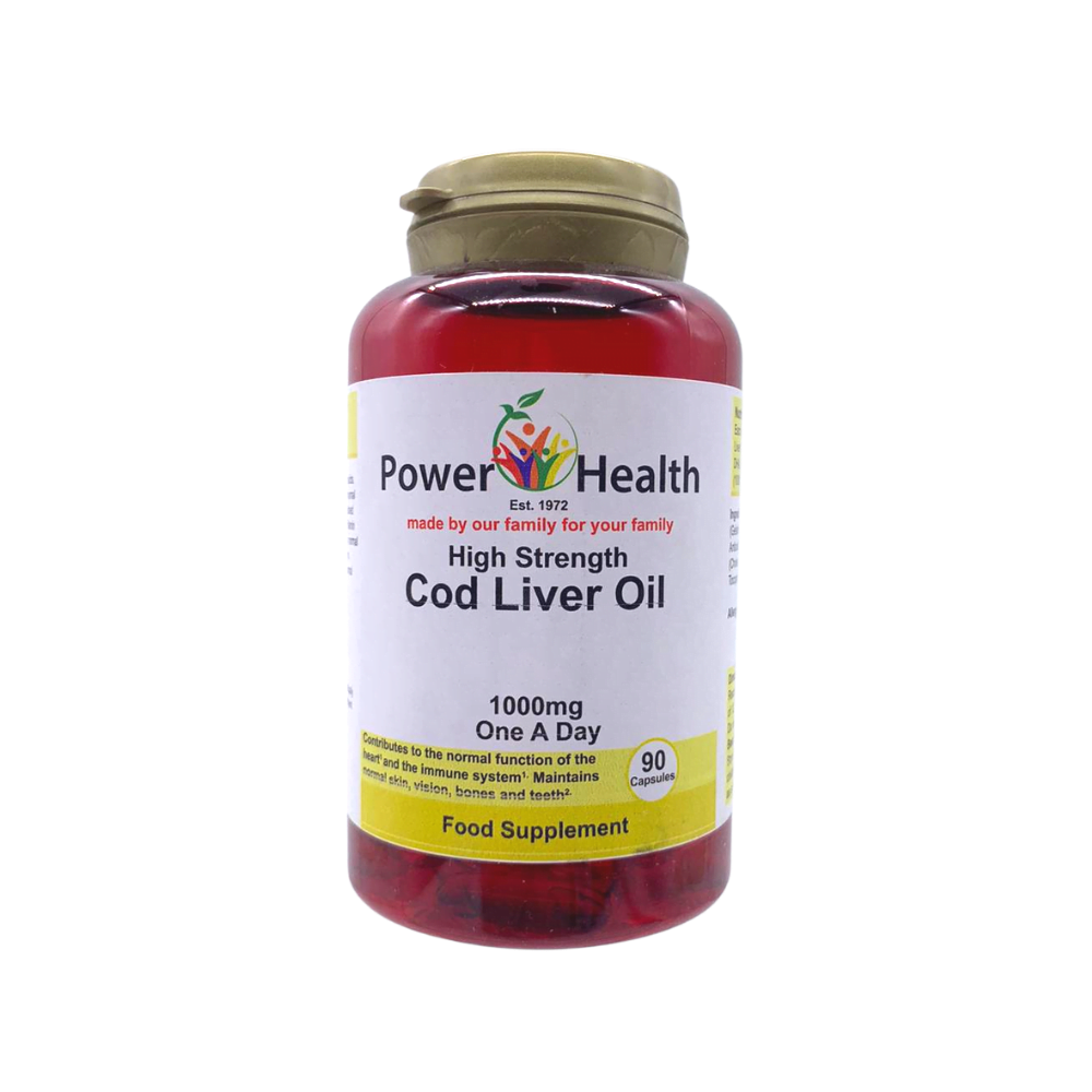 Power Health high strength cod liver oil capsules 1000mg one a day bottle 90 capsules red plastic jar