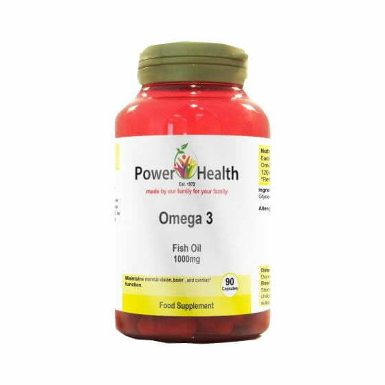 Power Health omega 3 fish oil capsules 1000mg bottle 90 capsules red jar with green lid for heart and brain support