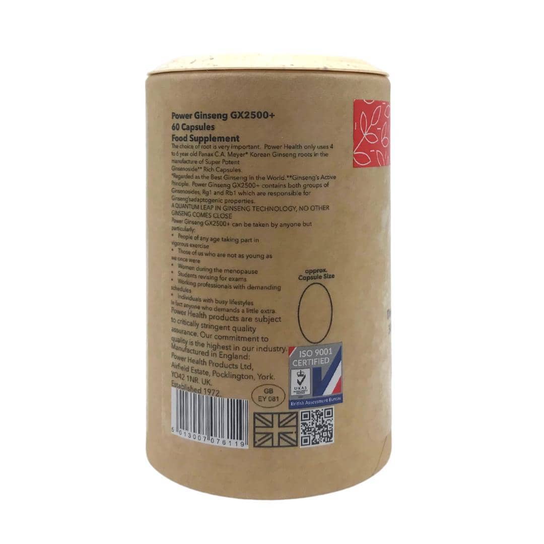 Power Health Power Ginseng capsules 60 capsule jar with brown cardboard packaging showing back label