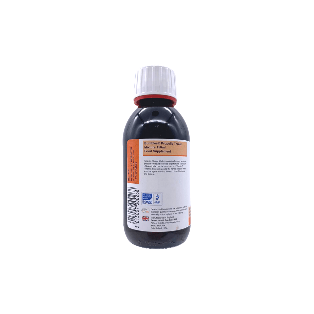 Power Health propolis throat mixture dark brown bottle with white childproof cap and orange label viewed from rear