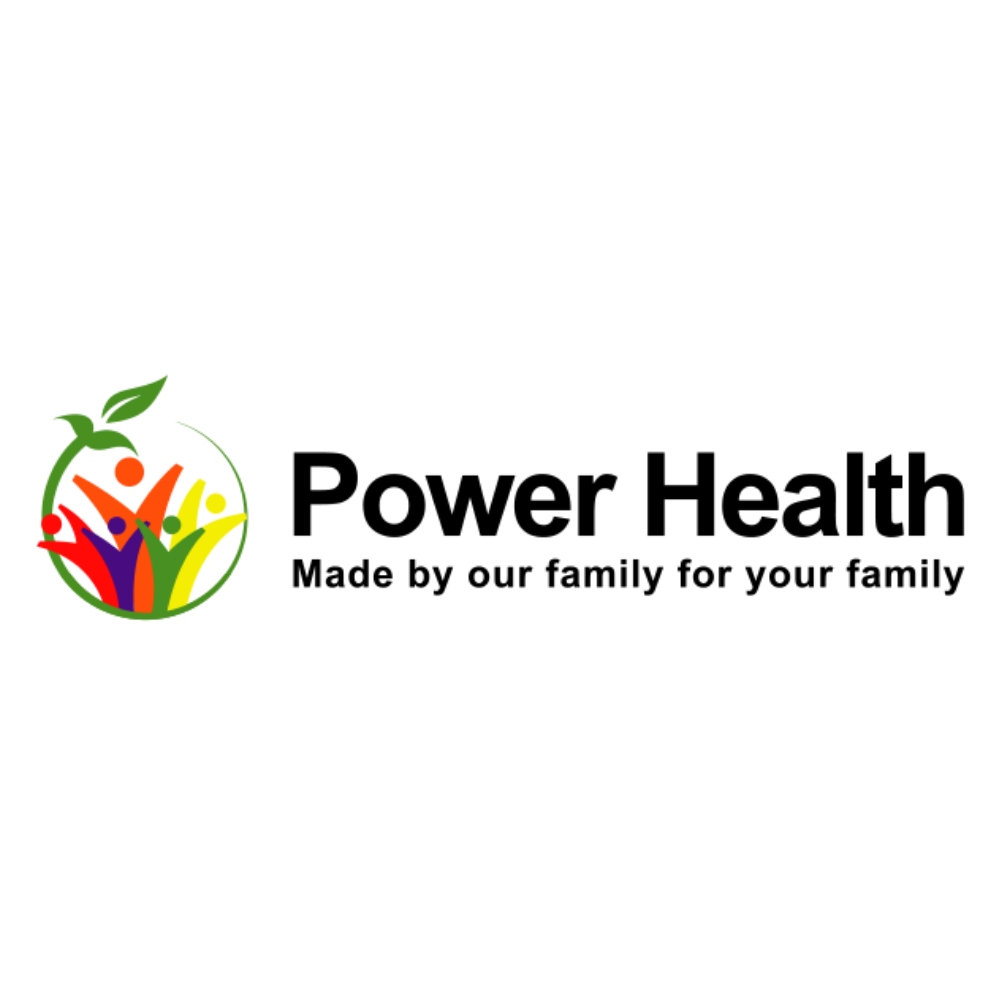 Power Health brand logo with colourful family emblem and tagline for propolis throat mixture product