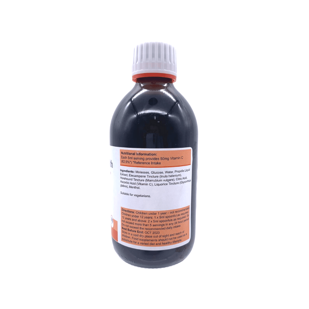 Power Health propolis throat mixture dark syrup bottle with white cap and ingredient label