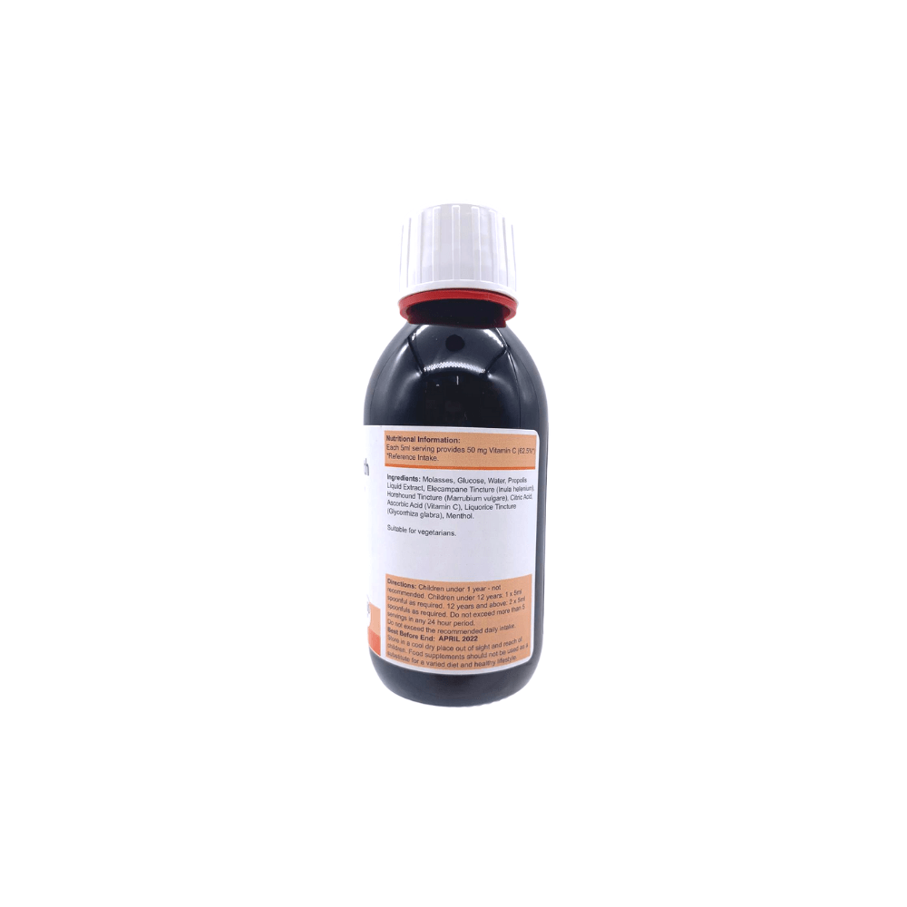 Power Health propolis throat mixture dark bottle with white cap and ingredient label shown on white background