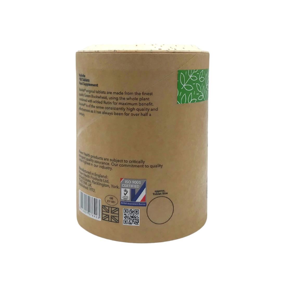 Power Health Rutivite tablets UK brown cylindrical recyclable cardboard jar with label barcode and certification logos