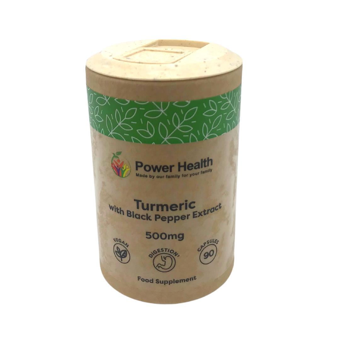 Power Health turmeric capsules with black pepper 500mg in eco cardboard jar showing 90 capsules label