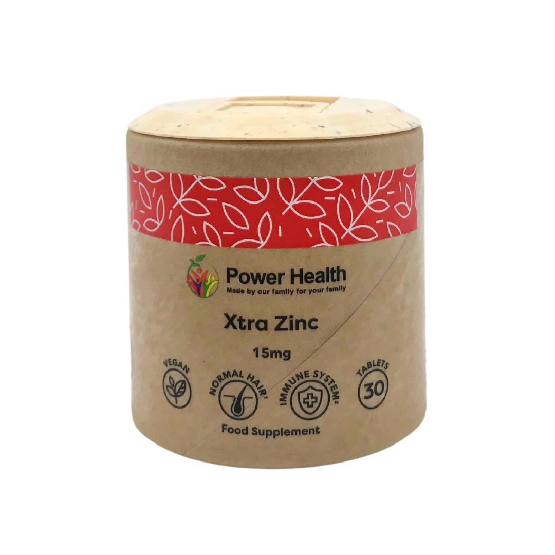 Power Health Xtra Zinc 15mg cardboard jar of zinc tablets 15mg UK vegan food supplement 30 tablets