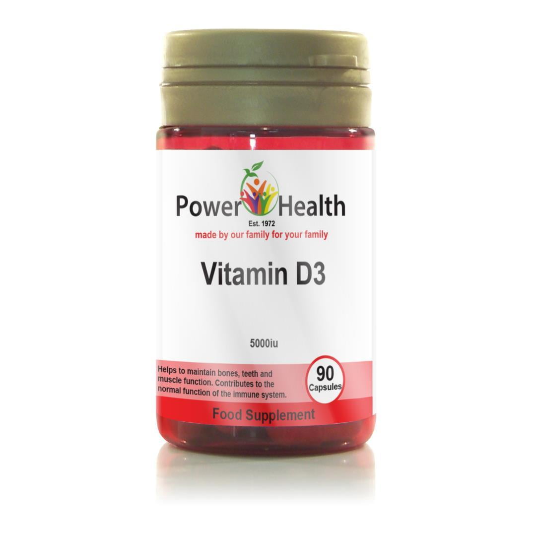 Power Health Vitamin D3 5000iu capsules 90 count bottle food supplement for bone and immune health
