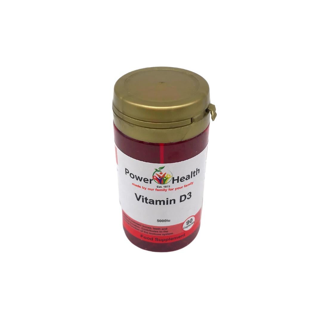 Power Health red supplement bottle with gold lid containing Vitamin D3 5000iu capsules