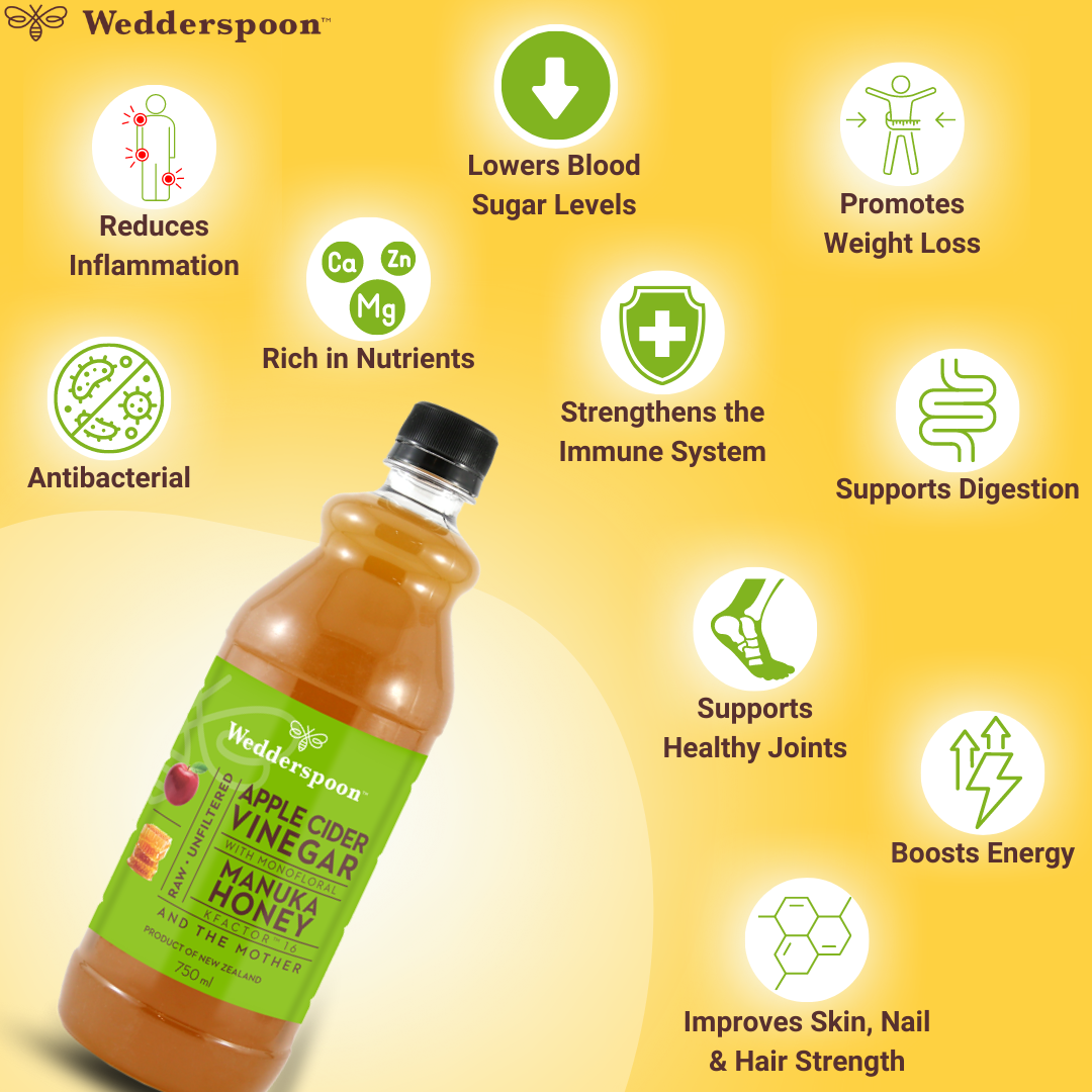 Wedderspoon apple cider vinegar with Manuka honey bottle highlighting benefits like reducing inflammation and boosting energy