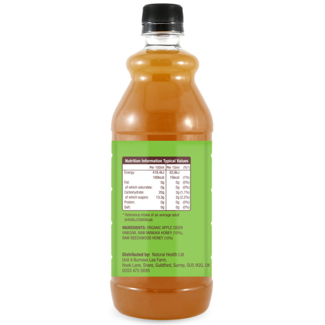 Wedderspoon apple cider vinegar with Manuka honey bottle showing nutrition facts and ingredients label
