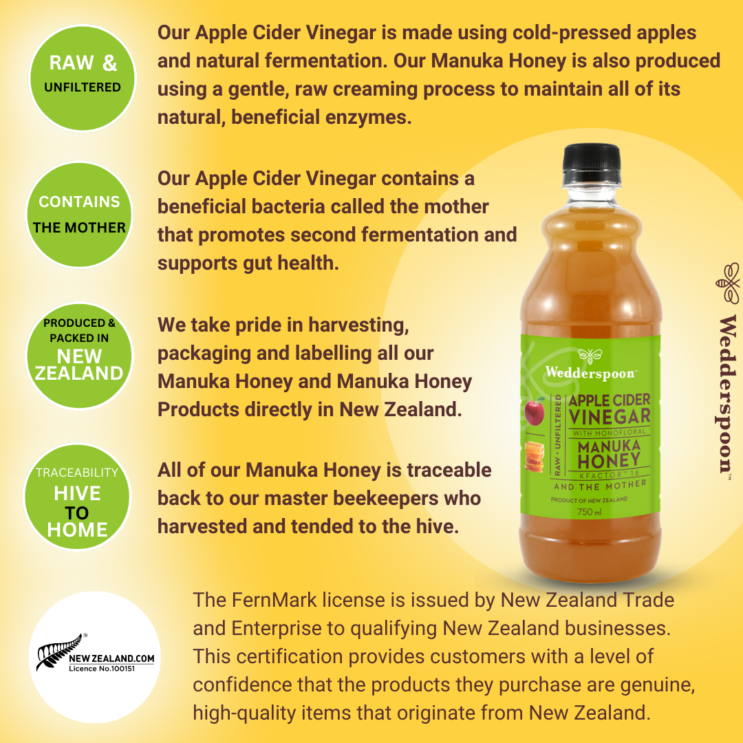 Wedderspoon apple cider vinegar with Manuka honey bottle showcasing raw unfiltered vinegar and New Zealand origin