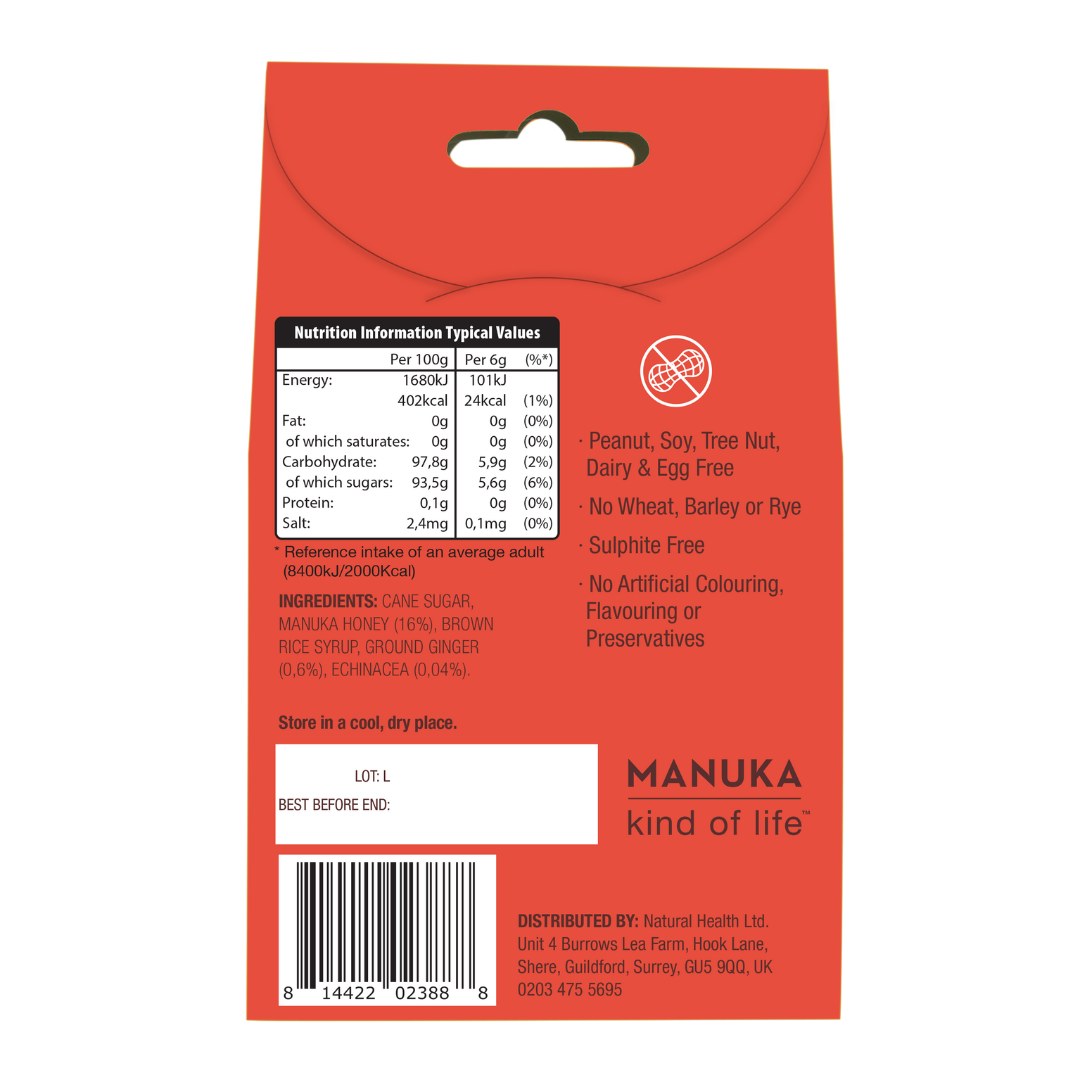 Wedderspoon Manuka honey drops with ginger red throat lozenges box back label showing nutrition information and ingredients