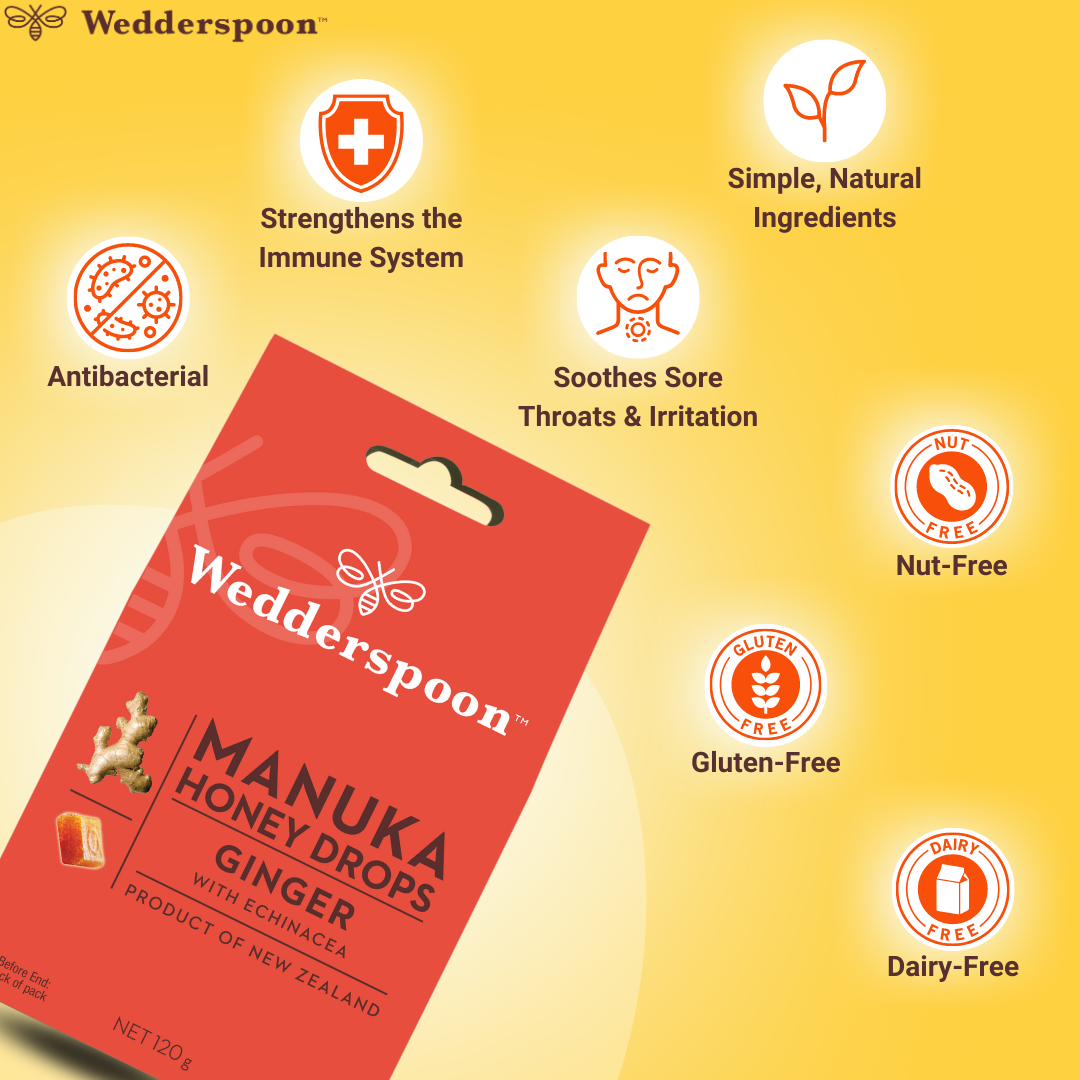 Wedderspoon Manuka honey drops with ginger throat lozenges red packet showing immune antibacterial and natural icons